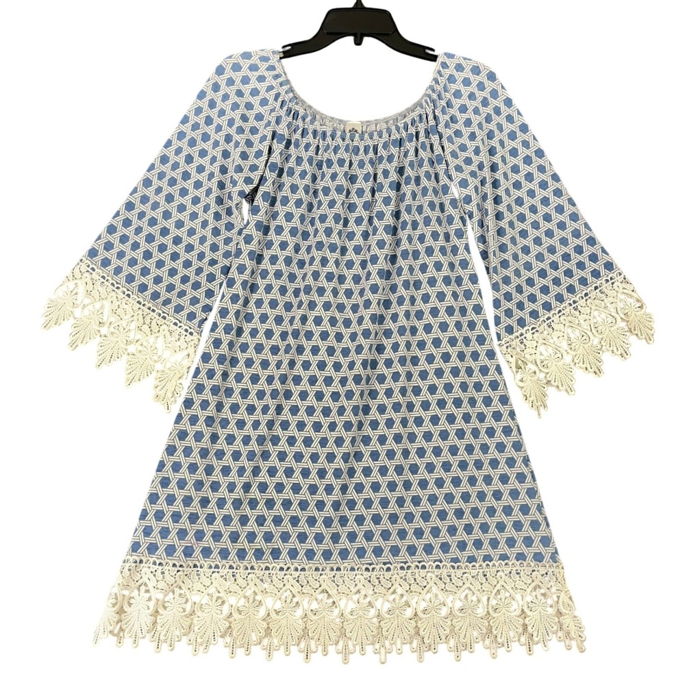 2 B Together Blue White Geo Print‎ Crochet Lace Trim Shift Dress M Boho Resort